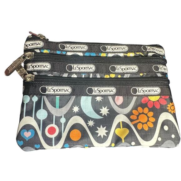LeSportsac 3-Zip Pouch Retro Mod Print Moon Stars Flowers Travel Organizer - Picture 1 of 5